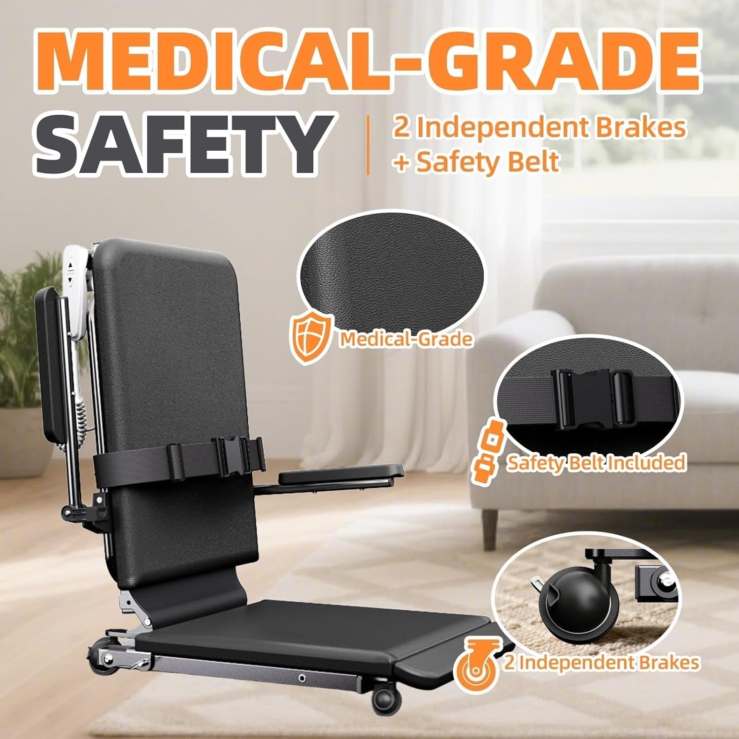 Electric Lift Chair with Floor-to-Stand Assistance, PU Cushion, Safety Rails and Belt

