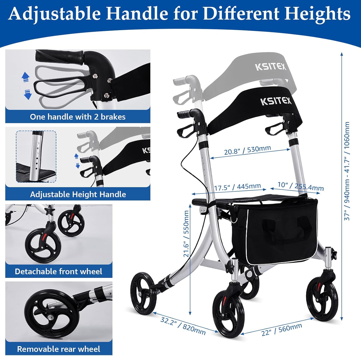 Rollator Walker for Seniors with Seat Backrest, Folding Aluminum, Brakes, 8" Wheels

