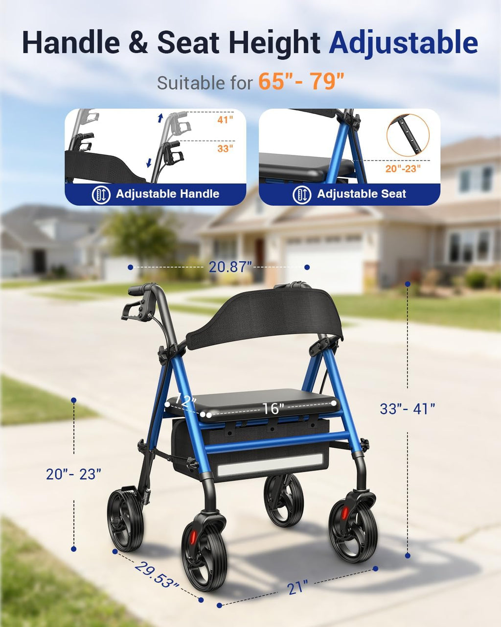 Rollator Walker with Seat for Seniors, Foldable 8 in Wheels, Height Adjustable

