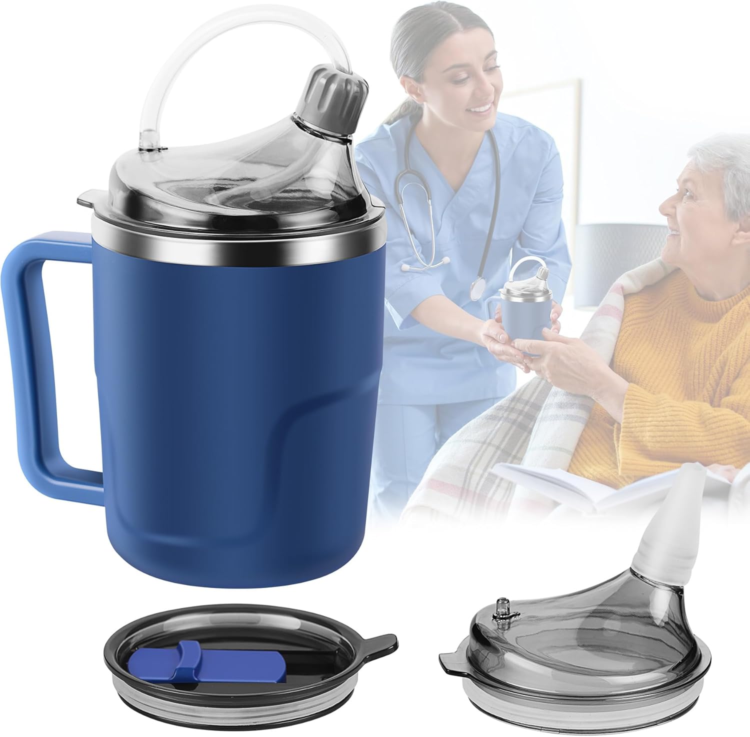 Adult 3-in-1 Spill Proof Sippy Cup 14oz Stainless Steel Straw Cup with Lids

