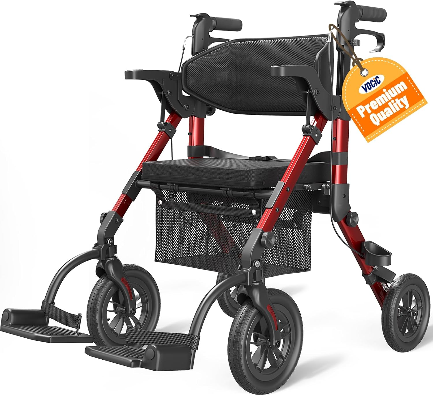 VOCIC 2-in-1 Rollator Walker Transport Chair with Seat, Foldable Brakes

