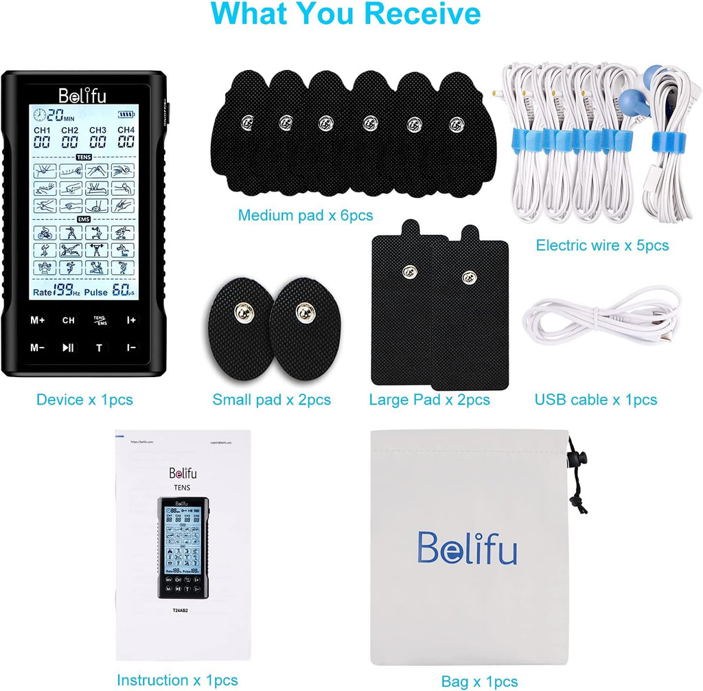Belifu 4-Channel TENS EMS Muscle Stimulator Unit, Rechargeable Electric Pulse Massager


