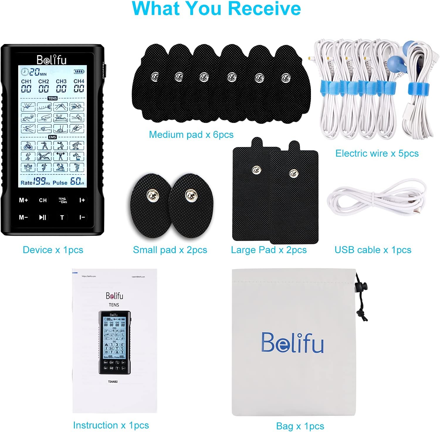 Belifu 4-Channel TENS EMS Muscle Stimulator Unit, Rechargeable Electric Pulse Massager

