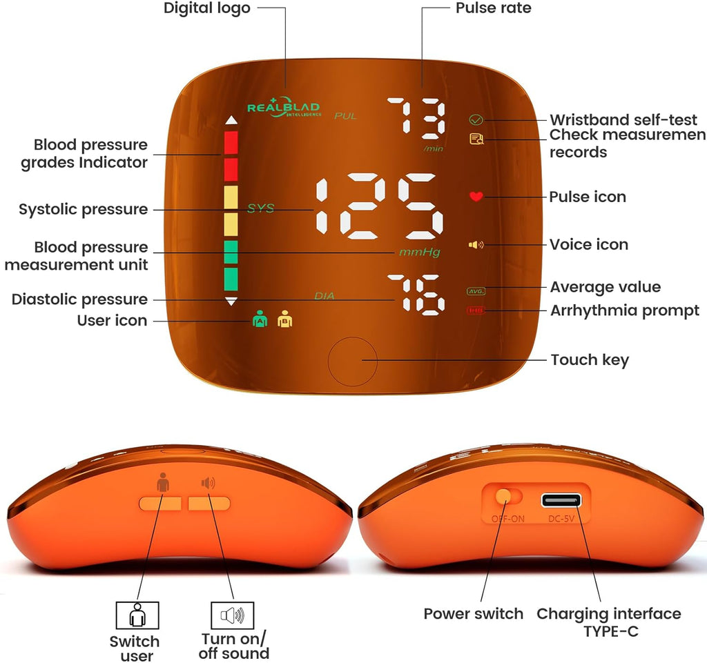 Rechargeable Wrist Blood Pressure Monitor with LED Touch Screen Adjustable Cuff

