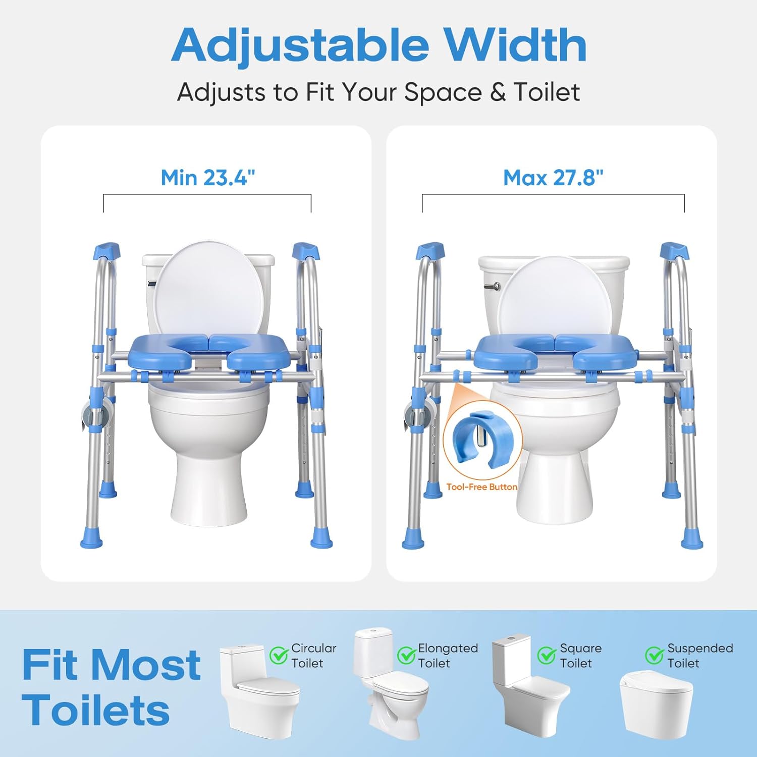 Padded Toilet Seat Riser with Adjustable Safety Frame and Handles, Heavy Duty 450 lb

