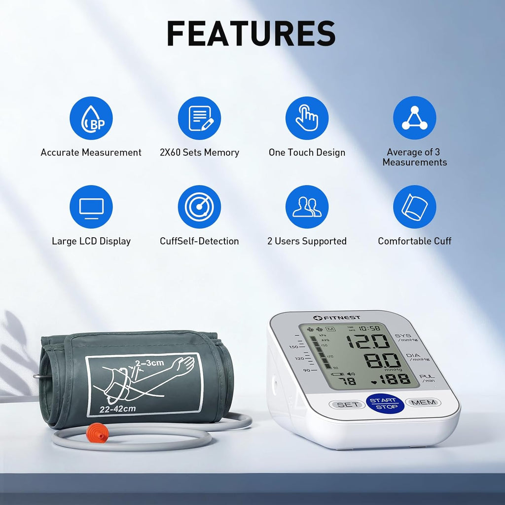 Upper Arm Automatic Digital Blood Pressure Monitor with Large LCD and Adjustable Cuff

