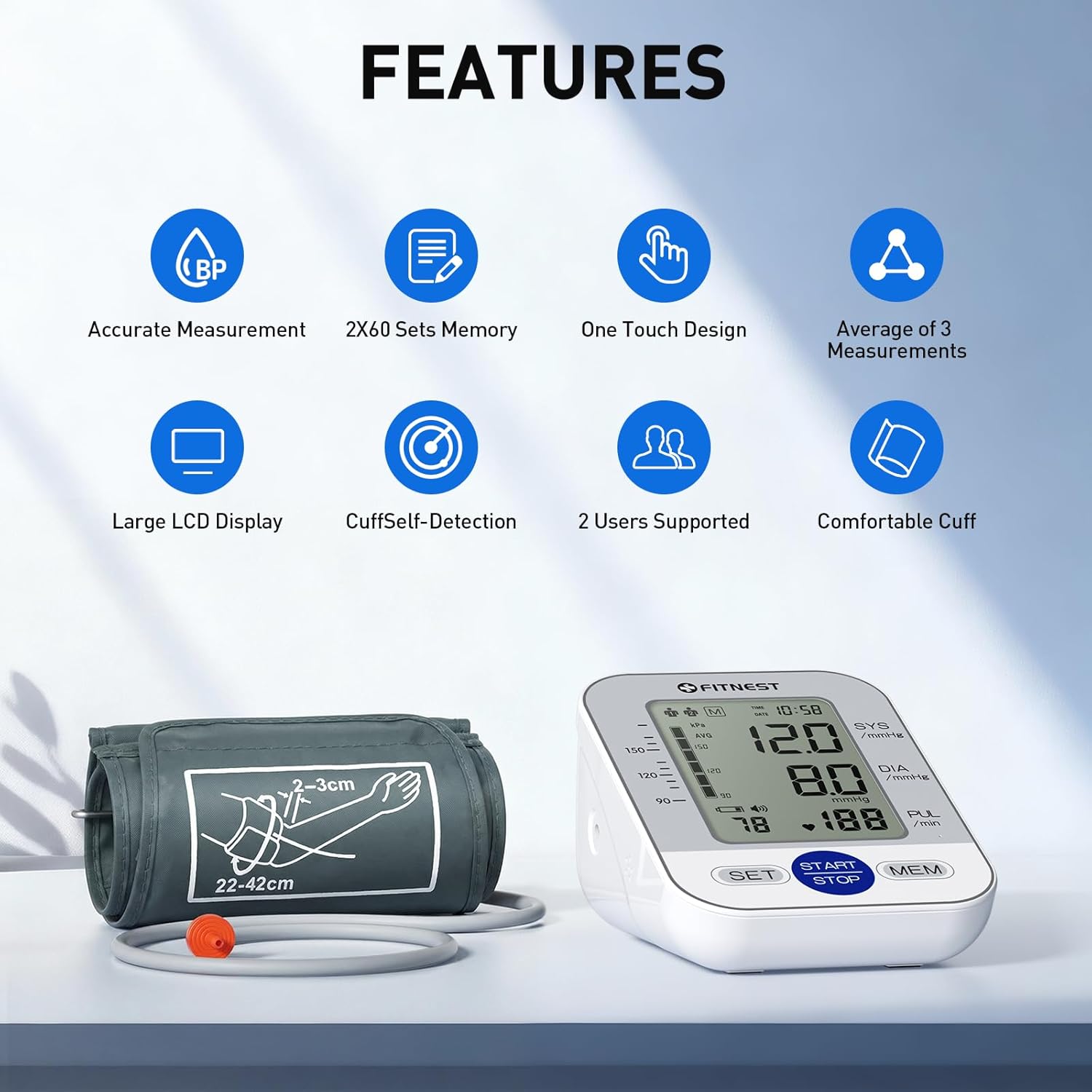 Upper Arm Automatic Digital Blood Pressure Monitor with Large LCD and Adjustable Cuff

