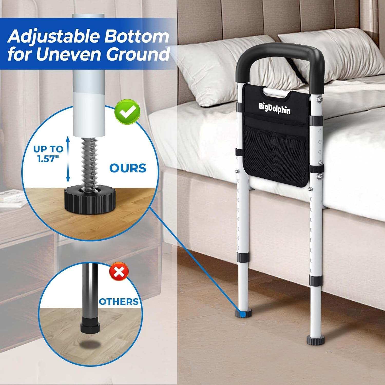 Bed Rails for Seniors Safety ASTM Adjustable Bed Assist Rail 350 lb Non-Slip Grip

