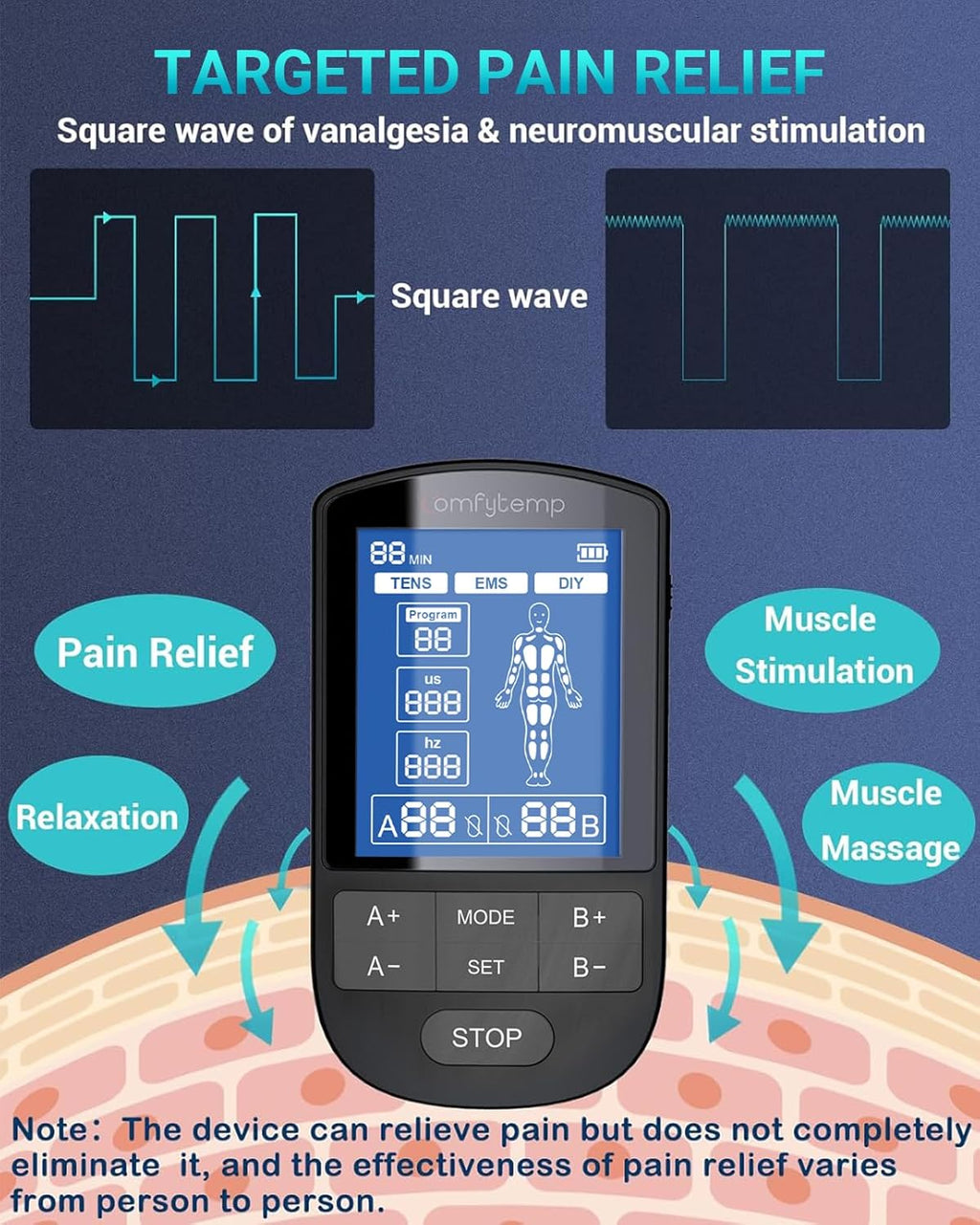 Comfytemp Dual Channel TENS & EMS Muscle Stimulator for Pain Relief, 24 Modes

