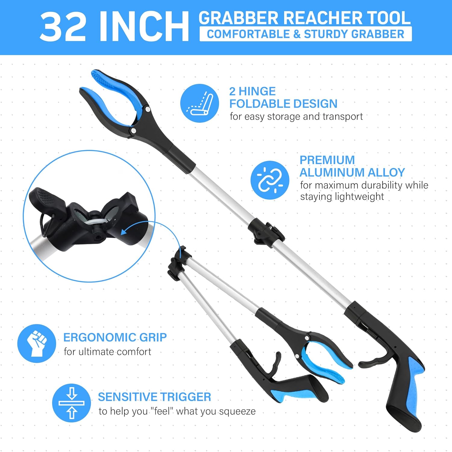 32 in Grabber Reacher Tool with Magnetic Tip, Foldable Pickup Grabber

