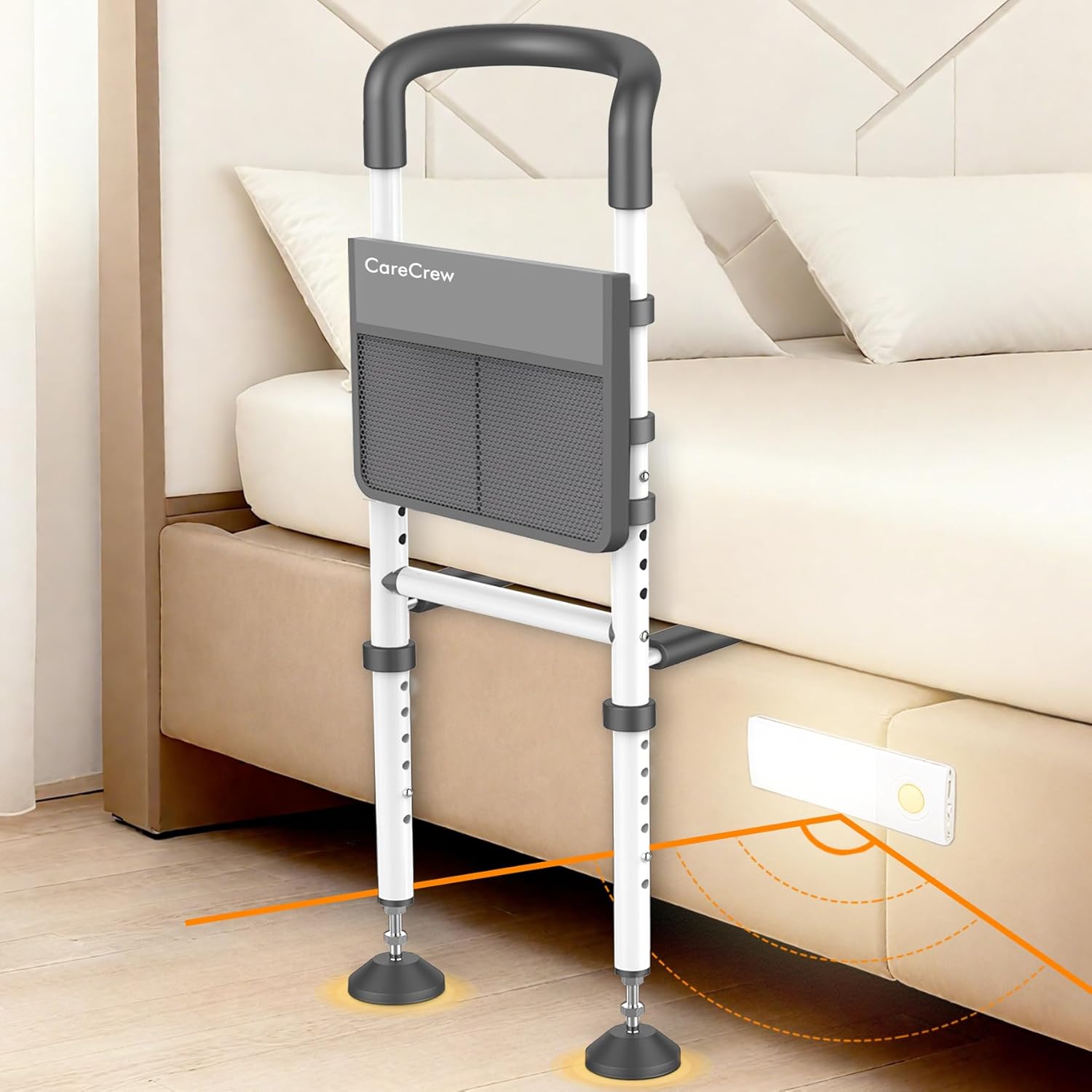 Bed Rails for Seniors with Grab Bar, Safety Light, Storage Pouch, Adjustable

