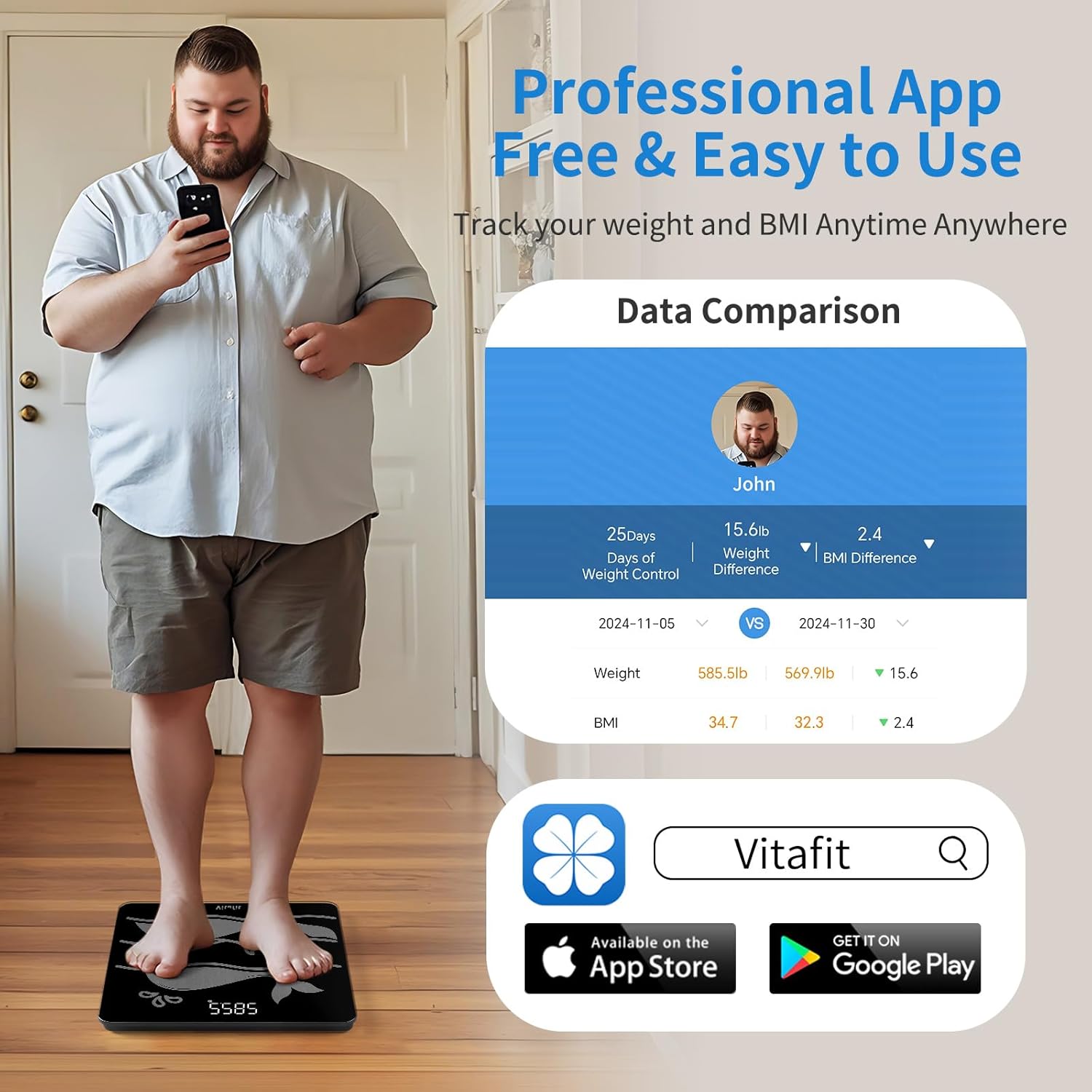 Vitafit Amazing 600 lb body weight monitor with tempered glass LED, 0.1 lb precision

