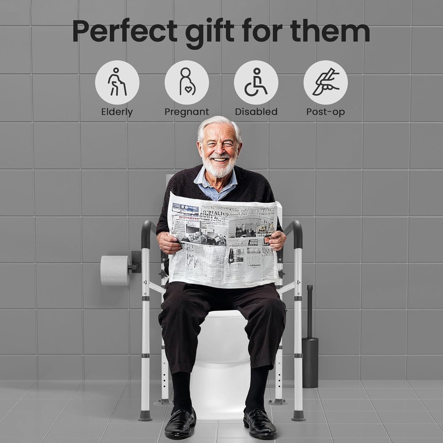 Careboda Foldable Toilet Safety Rails, Adjustable Grab Bar for Seniors and Disabled

