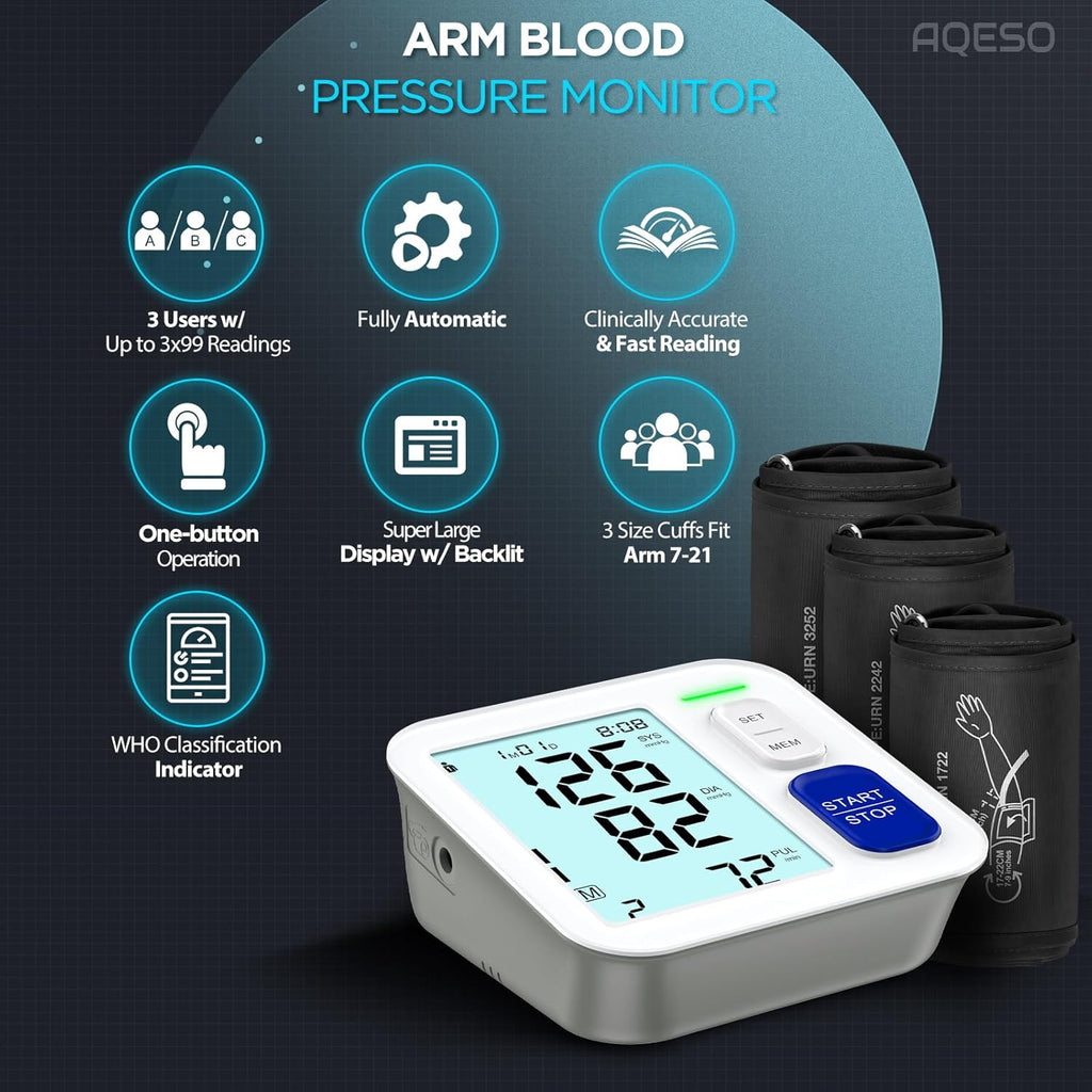 AQESO Upper Arm Blood Pressure Monitor, Automatic Digital BP, 3 Cuff Sizes

