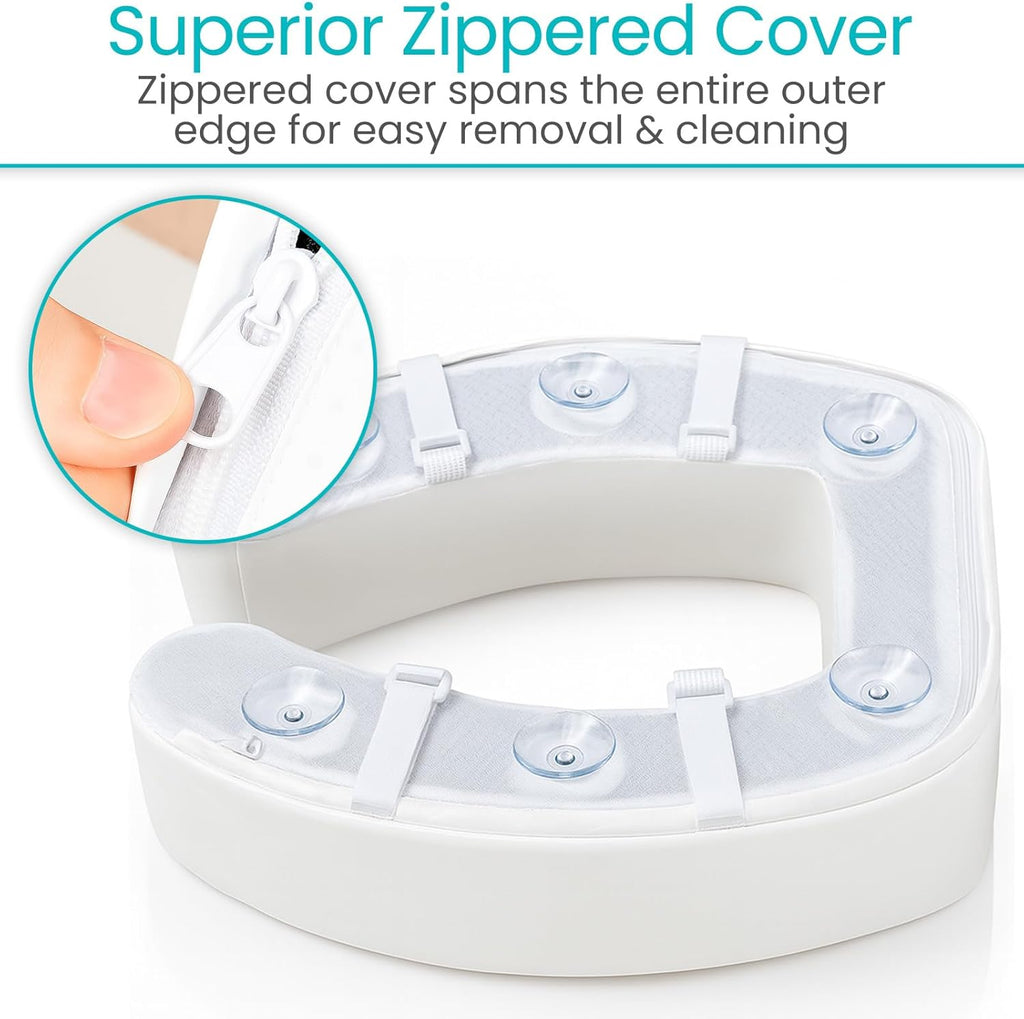 Vive Toilet Seat Pad for Elongated Standard Seats, Zippered Cover, Suction Attachment

