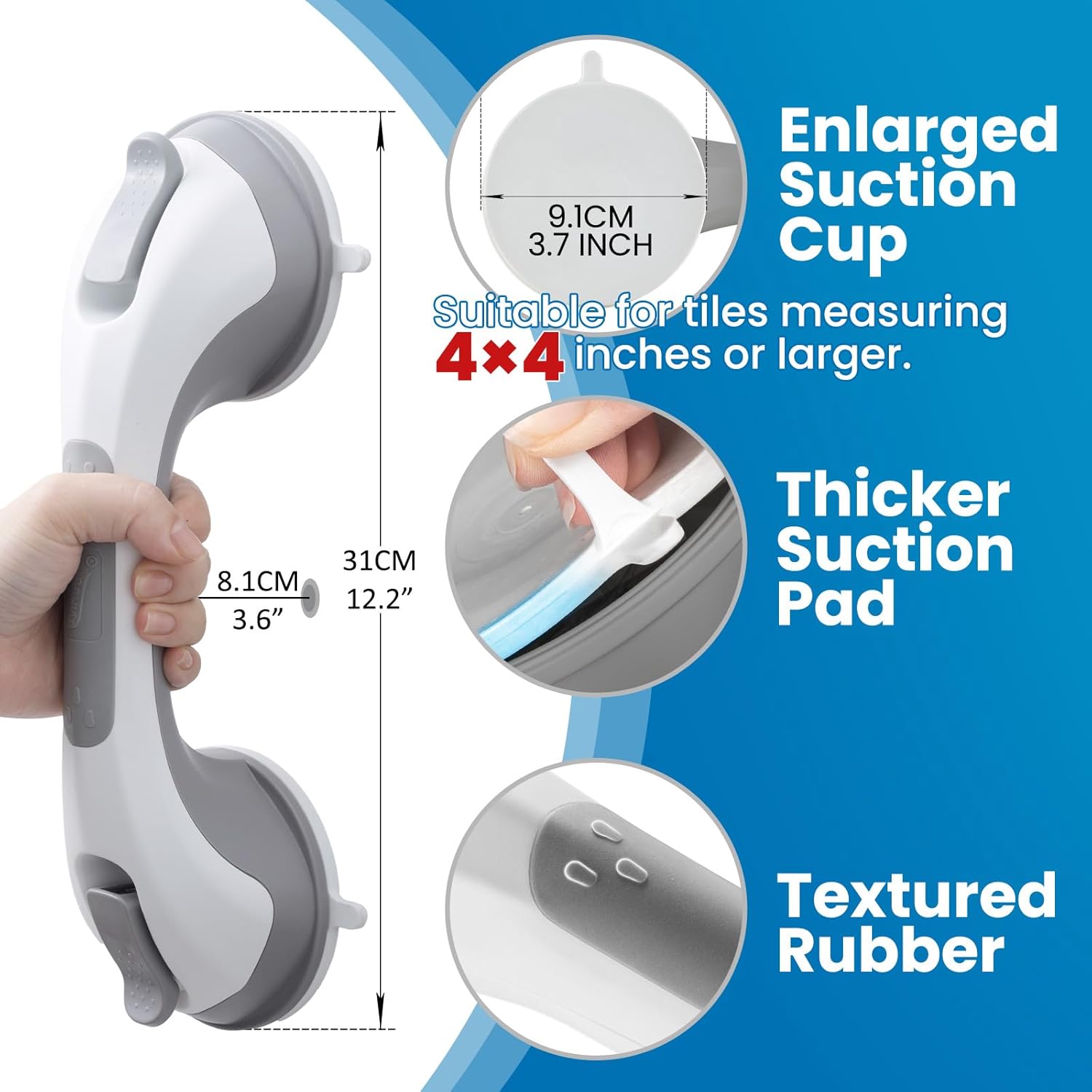 LEVERLOC Grab Bars for Bathtubs and Showers Suction 12 Inch Shower Handle

