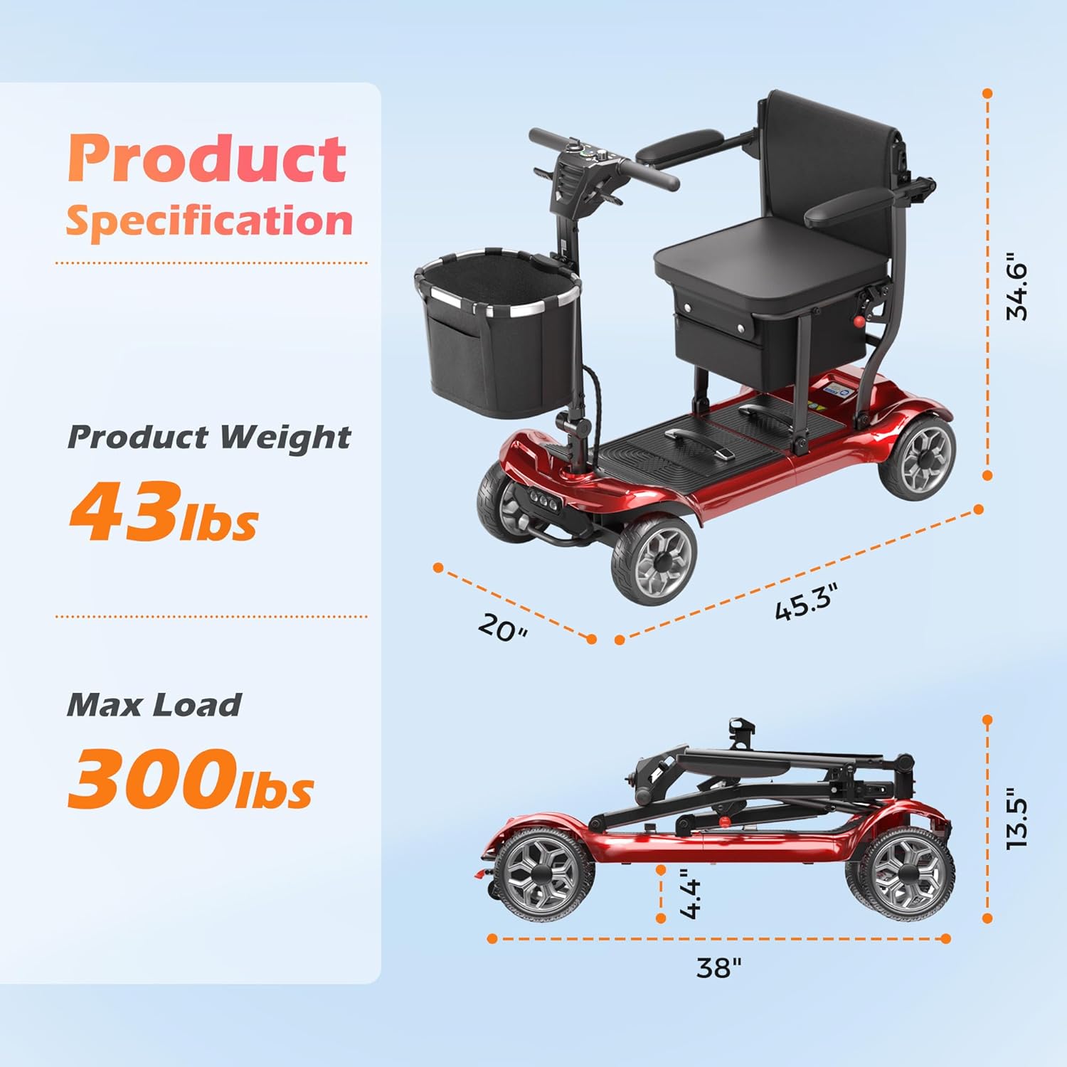 Lightweight Foldable Mobility Scooter for Adults, 4-Wheel Motorized, 300 lb


