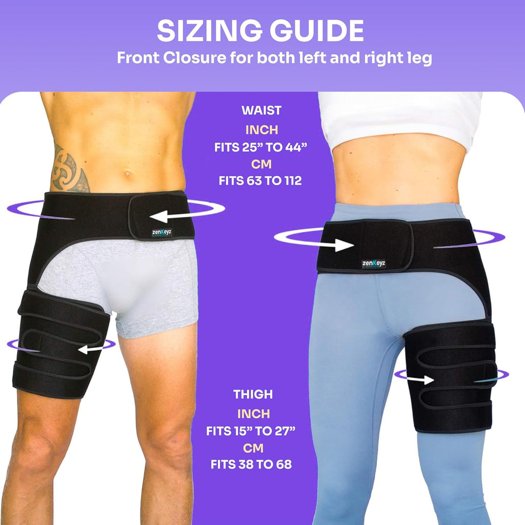 ZENKEYZ Hip Brace & Thigh Support Adjustable Compression Sleeve with Anti-Slip 3-Strap

