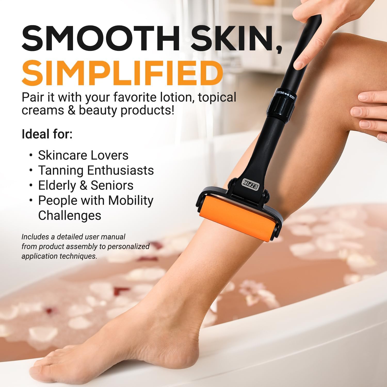 EZPIK Extendable Lotion Applicator for Back and Legs, Curved Foam Roller Handle

