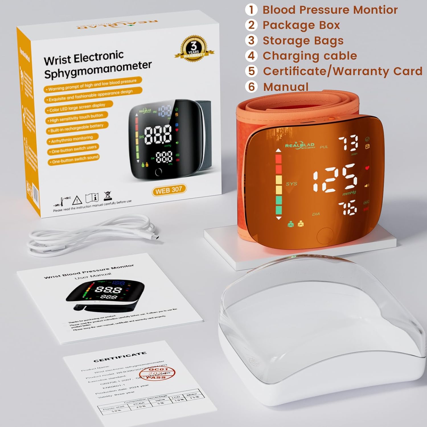 Rechargeable Wrist Blood Pressure Monitor with LED Touch Screen Adjustable Cuff

