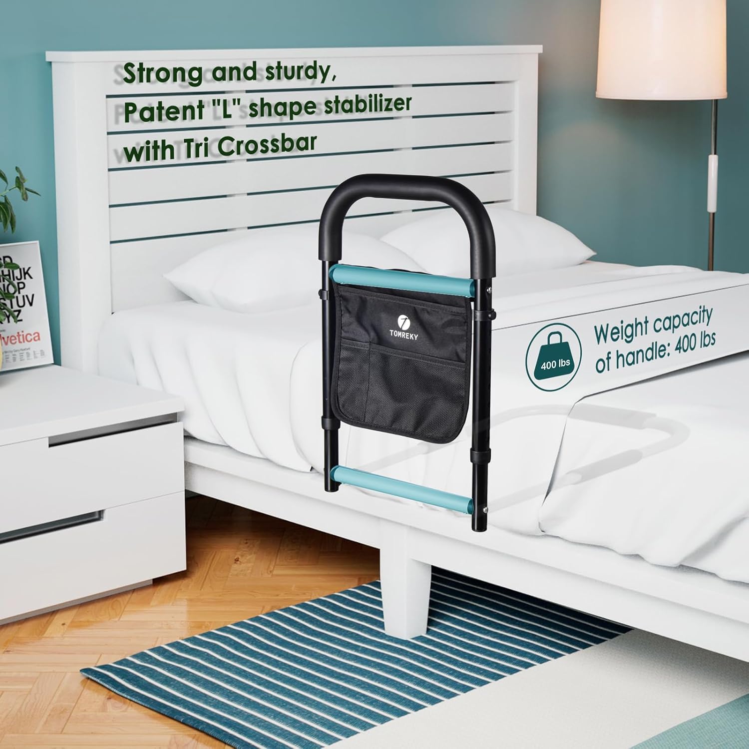 Adjustable Bed Rail for Seniors with Motion Light, Padded Grab, Storage Pockets

