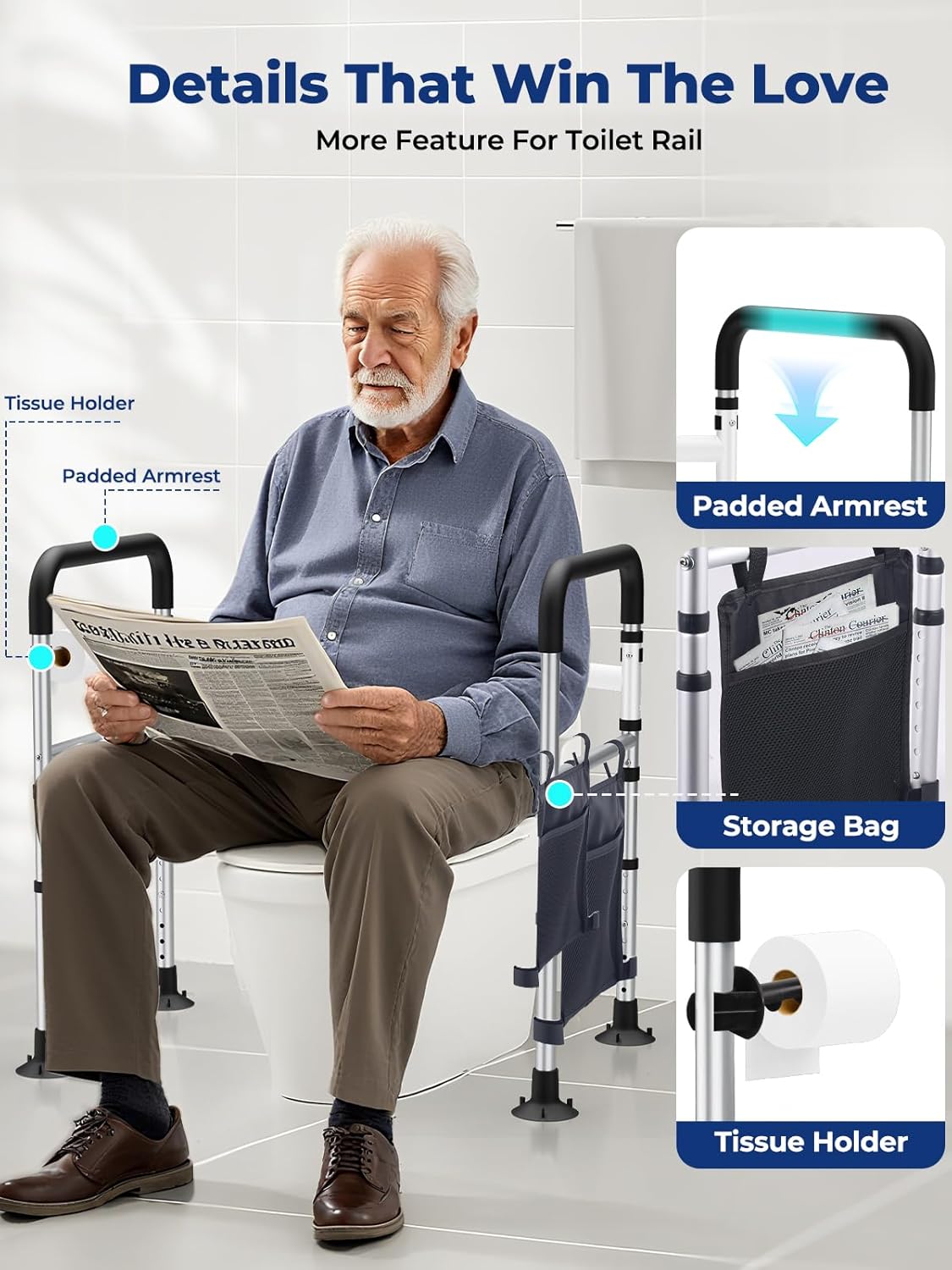 WHLICKS Adjustable Toilet Safety Rails for Seniors, Elderly, Handicap, Foldable Frame


