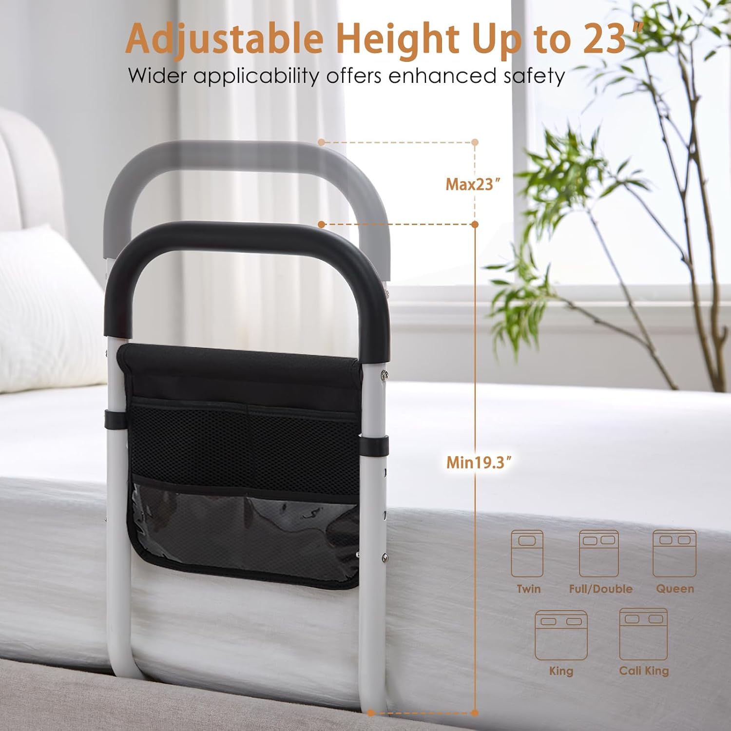 Bed Rails for Seniors Adjustable Steel Bed Assist Rail, Padded Grip, Fits King/Queen


