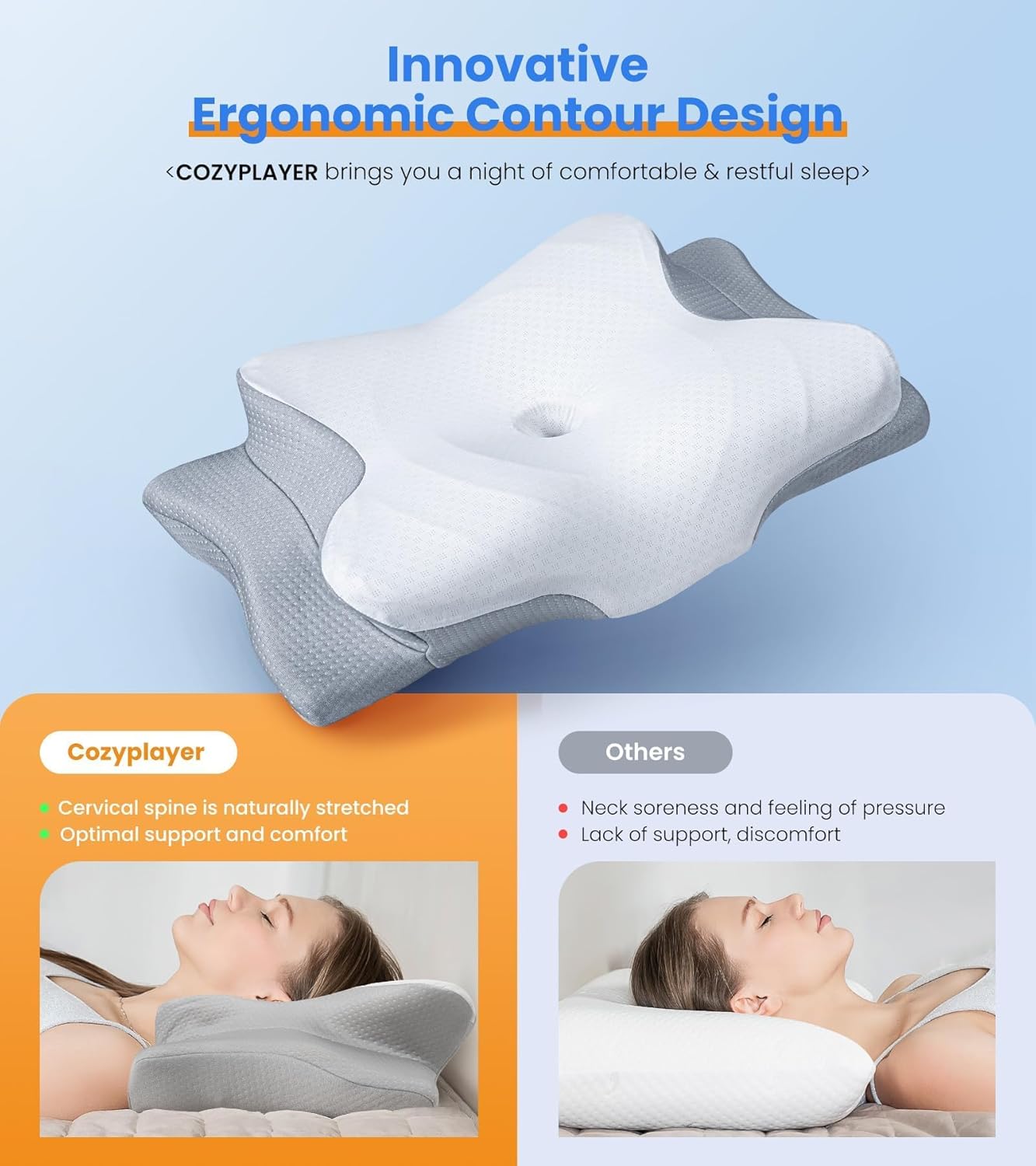 Cozyplayer Cooling Cervical Contour Memory Foam Pillow for Neck Support

