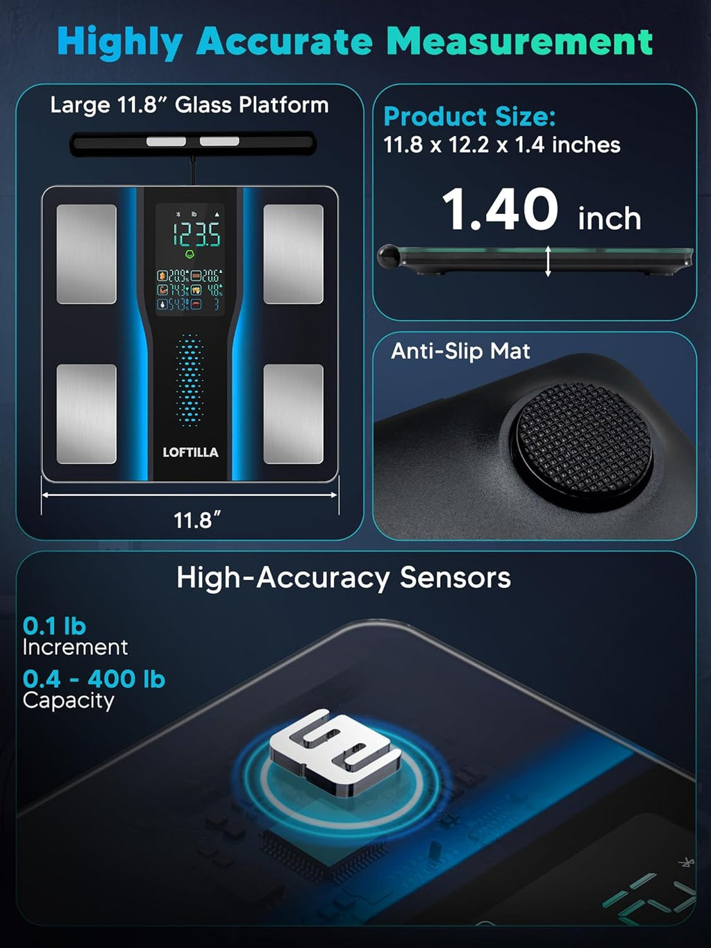Bluetooth Body Composition Scale with 8 Electrodes, BMI, Fat, Muscle, LED Display

