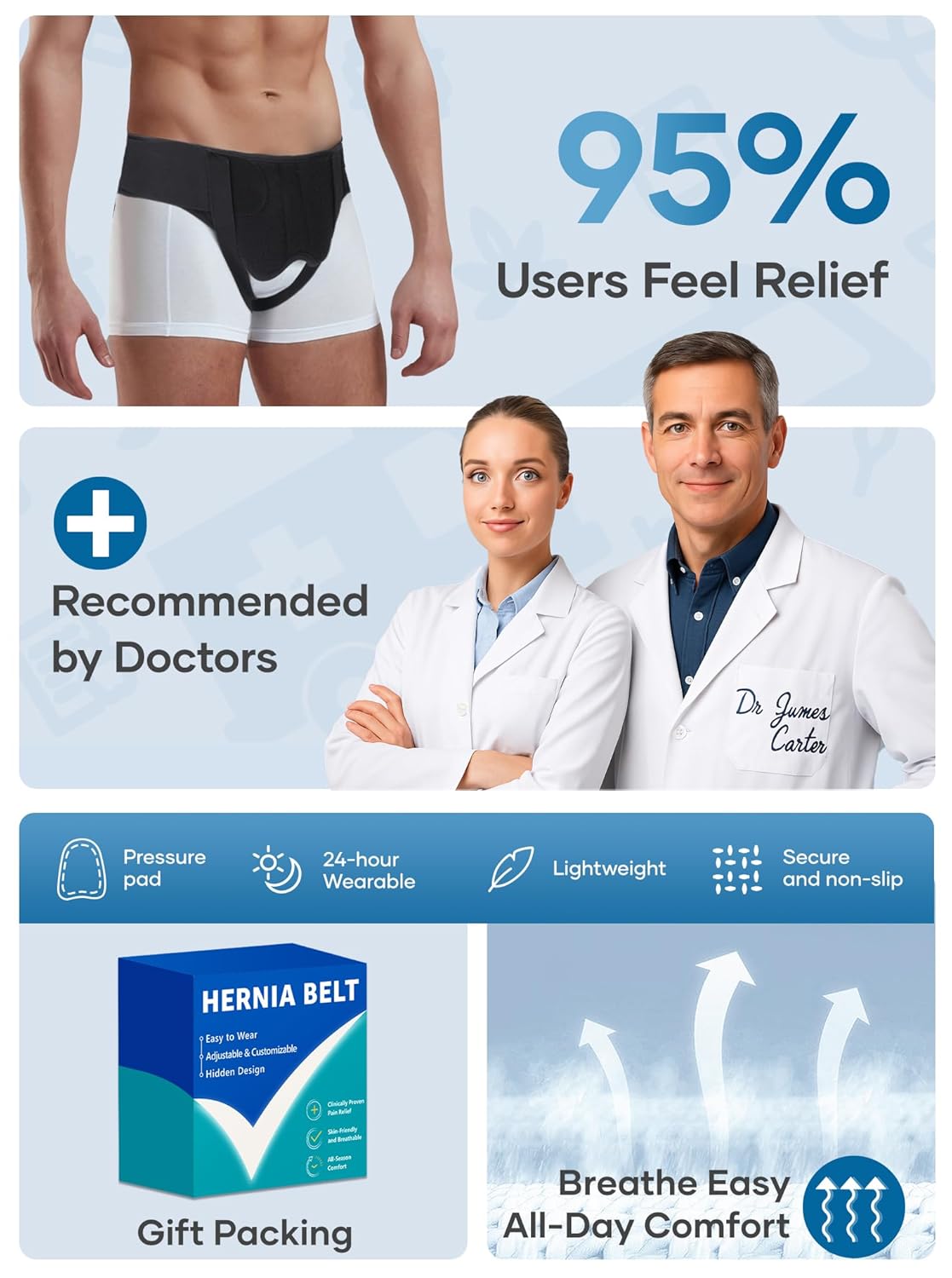 Hernia Belt for Men & Women, Inguinal Groin Support Truss with Adjustable Strap Pads

