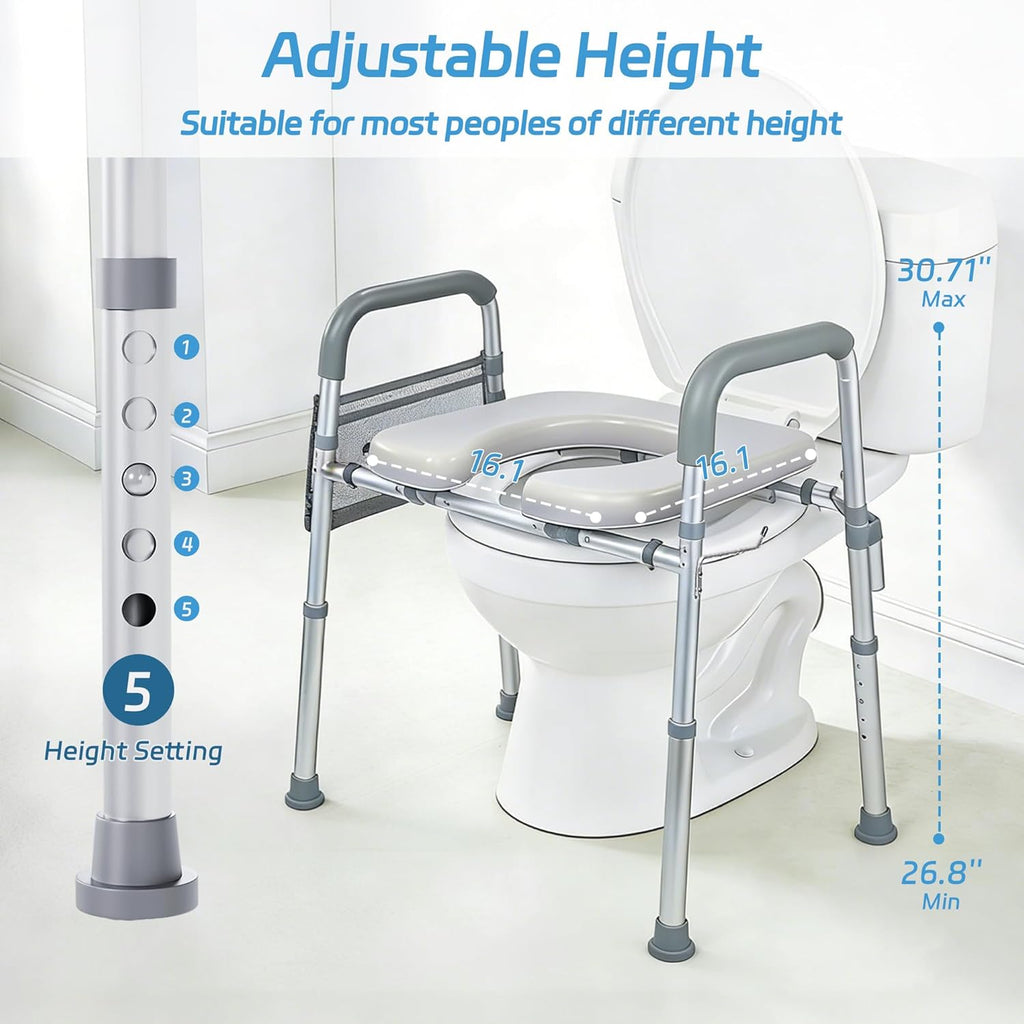 Adjustable Raised Toilet Seat with Handles, Padded Toilet Seat Riser for Seniors

