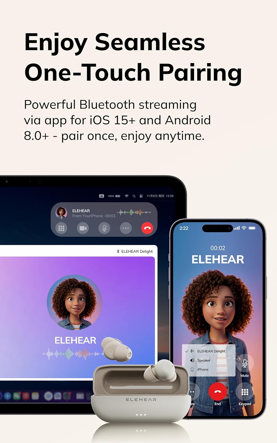 ELEHEAR Delight OTC Rechargeable Hearing Aids with AI Speech Enhancement, Bluetooth 5.3

