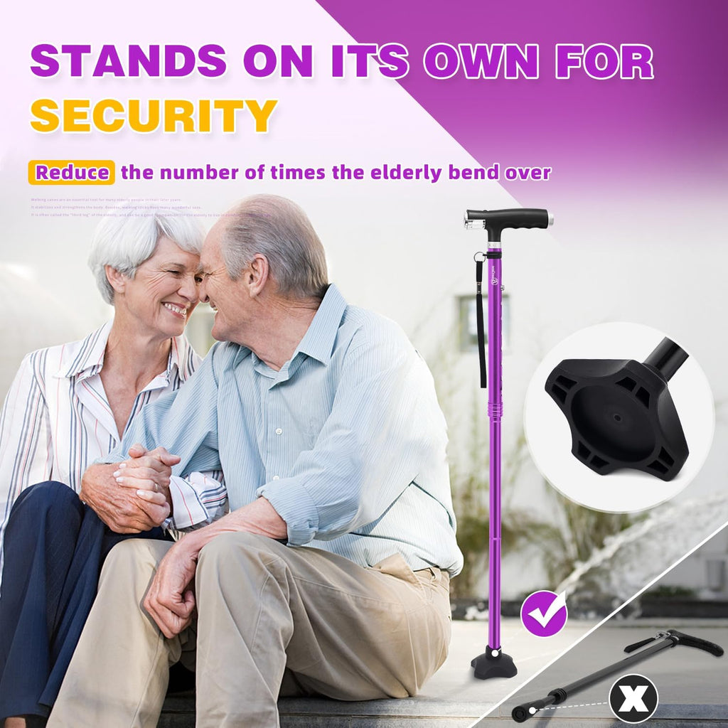 BeneCane Folding Walking Cane, Quad Base with Two LED Lights, Adjustable Stick

