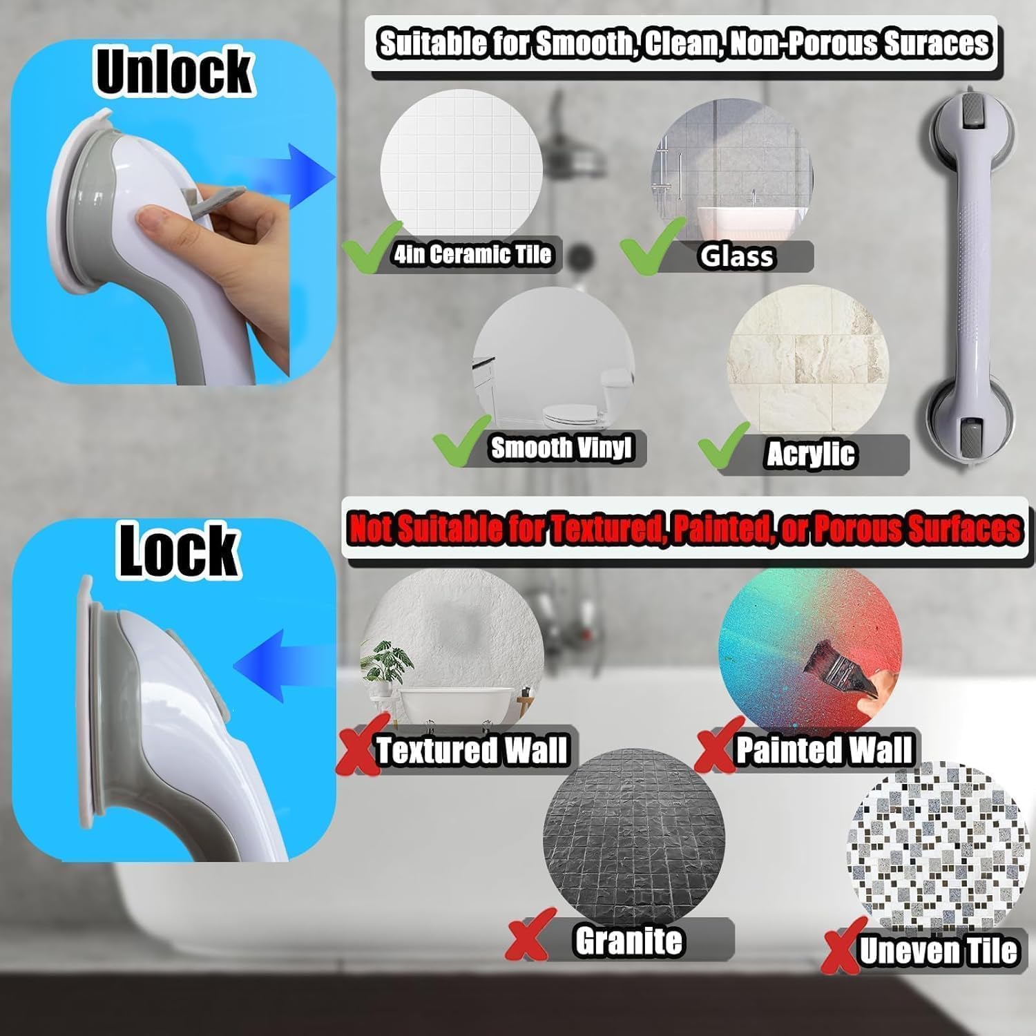 Shower Grab Bars for Seniors Suction Cup Shower Handles No Drilling

