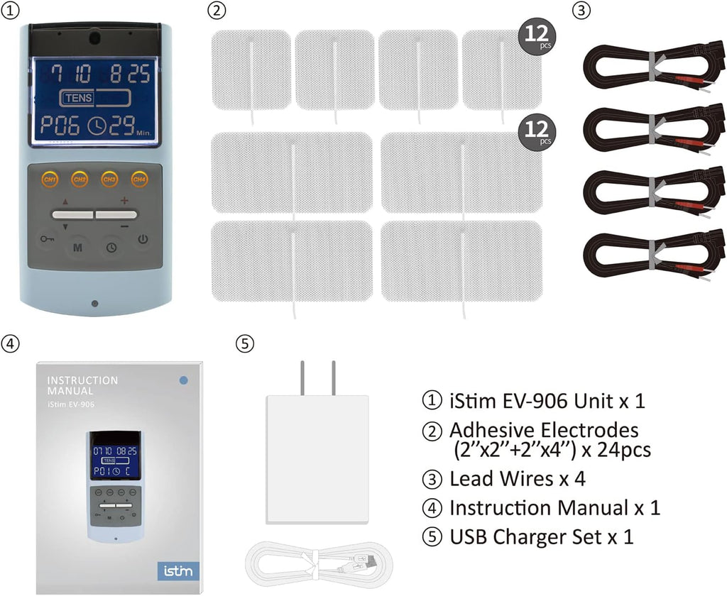 iStim EV-906 TENS EMS Muscle Stimulator Combo Unit with Gel Electrode Pads


