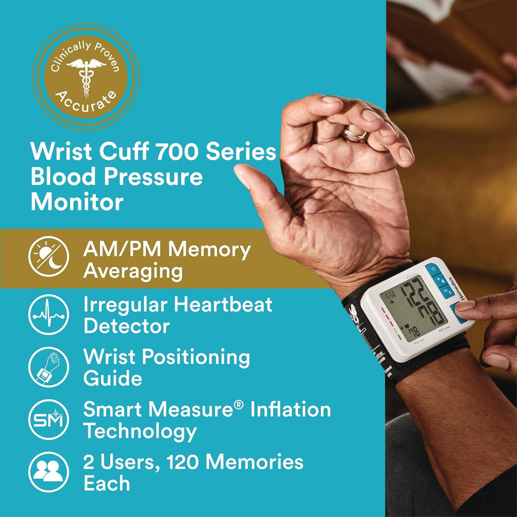 HoMedics 700 Series Wrist Blood Pressure Monitor, One-Touch, Bluetooth Home Use

