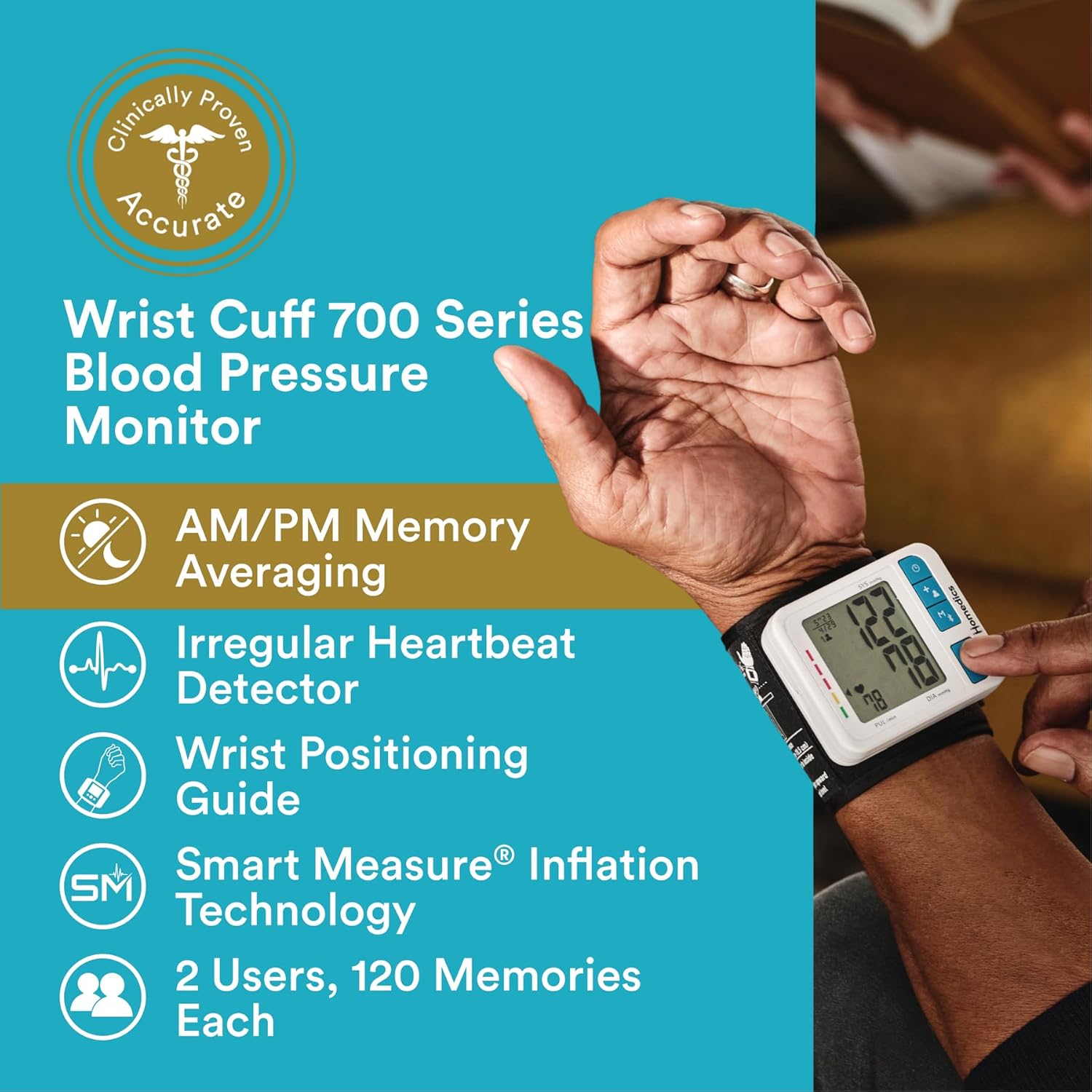HoMedics 700 Series Wrist Blood Pressure Monitor, One-Touch, Bluetooth Home Use

