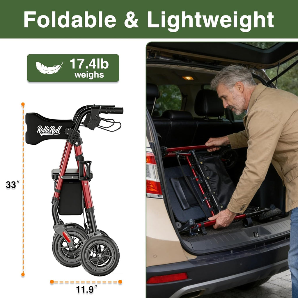 Walkers for Seniors Taller Foldable Rollator Walker Reinforced Aluminum Frame 8" Wheels

