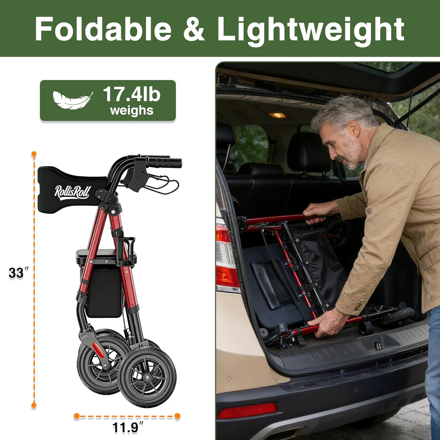 Walkers for Seniors Taller Foldable Rollator Walker Reinforced Aluminum Frame 8" Wheels

