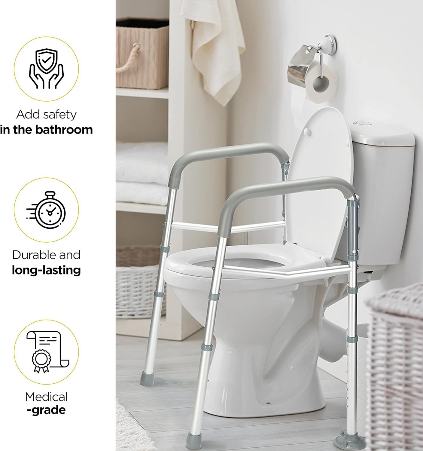 Medical King Toilet Safety Rail, Adjustable Grab Bar with Handles, Foldable Frame

