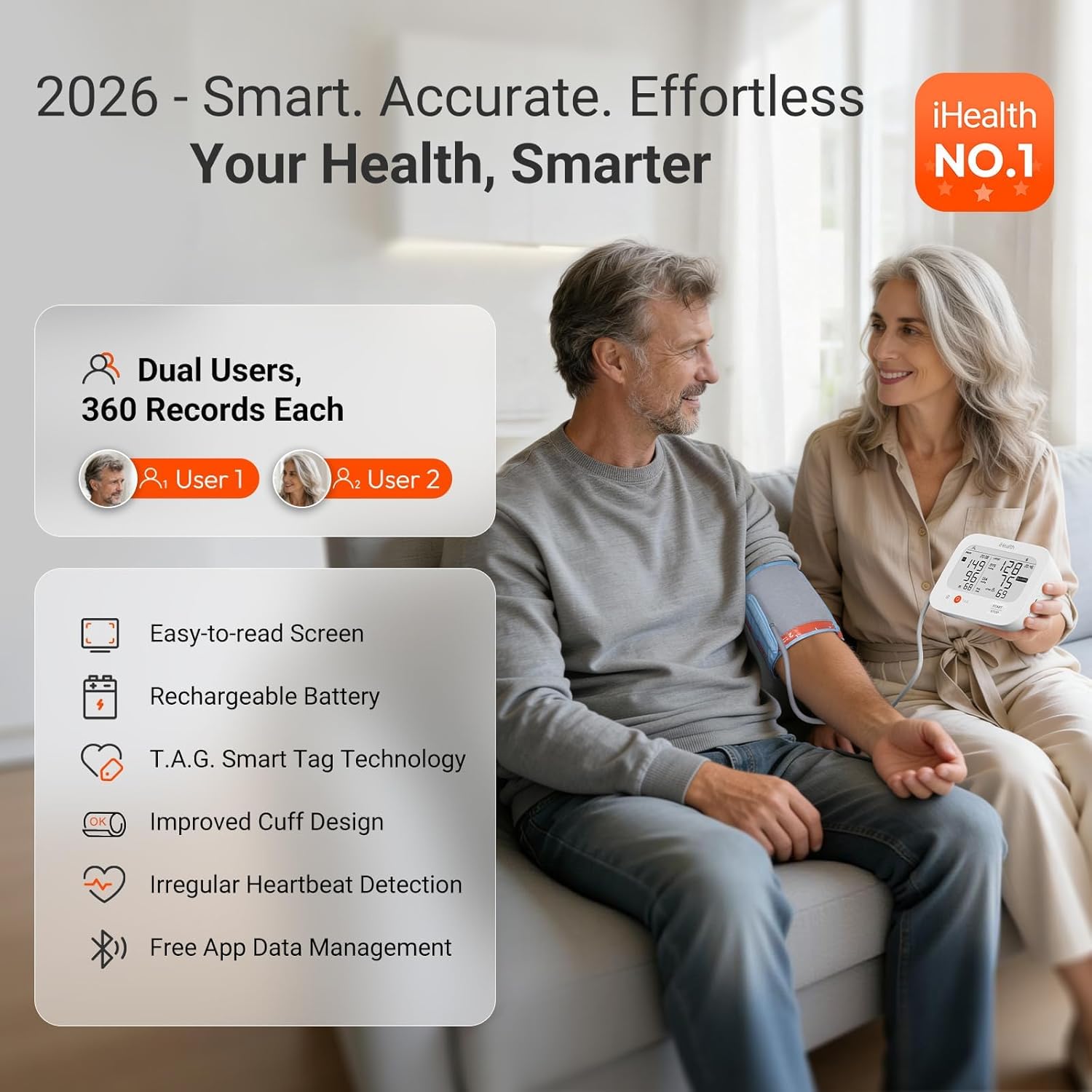 iHealth Jurni Smart Upper Arm Blood Pressure Monitor, Rechargeable Dual Display

