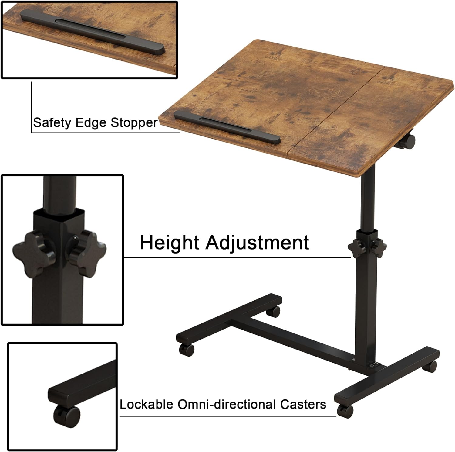 TigerDad Adjustable Overbed Table with Wheels, Rolling Bed Laptop Desk

