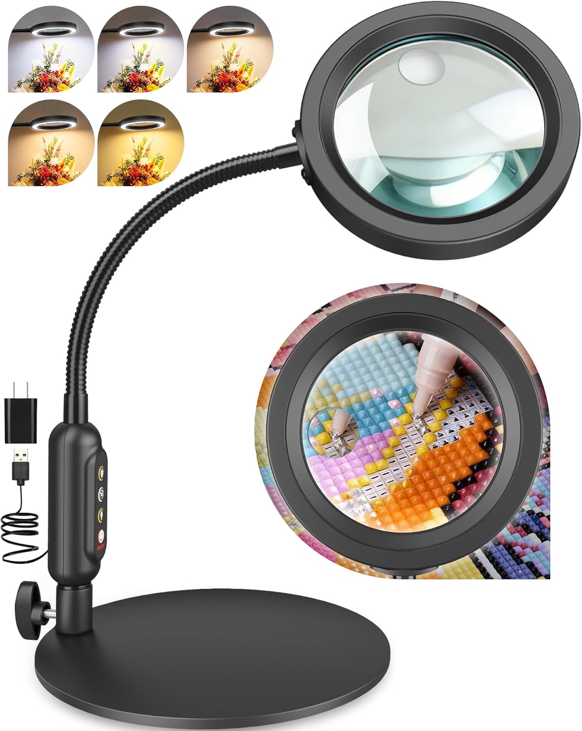 30X 10X Magnifying Glass with Light Stand, HD Lens, 5 Color Modes LED

