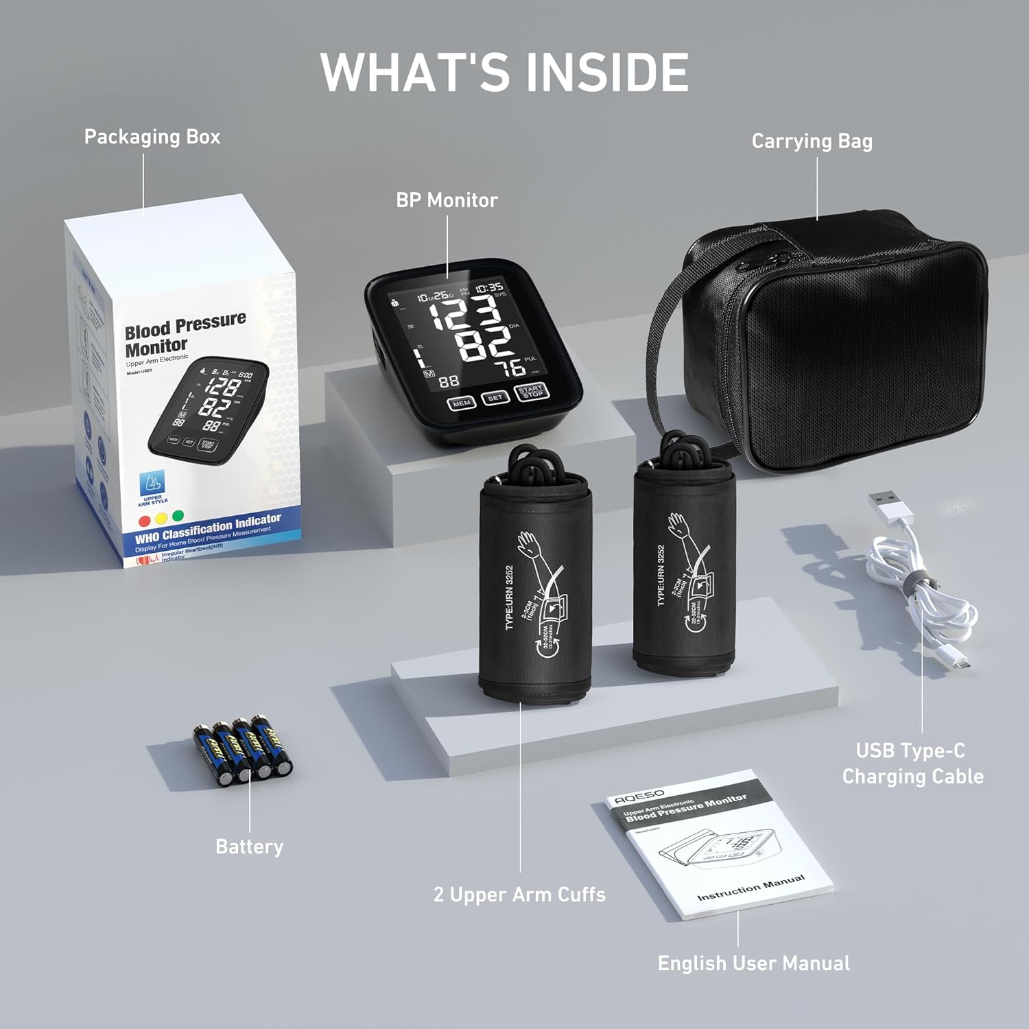 AQESO Upper Arm Digital Blood Pressure Monitor with Backlit Display, 2-User Mode

