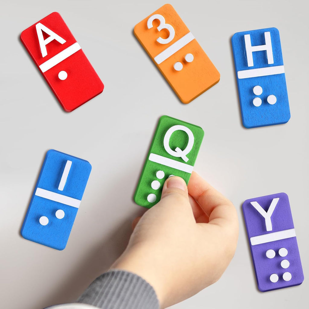 Feifeiya Wooden Braille Alphabet and Number Tiles with Raised Dots and Punctuation

