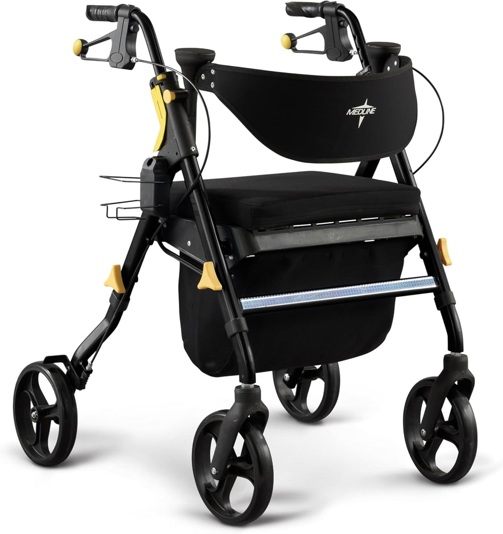 Medline Empower Folding Mobility Rollator Walker with Memory Foam Seat, Cupholder

