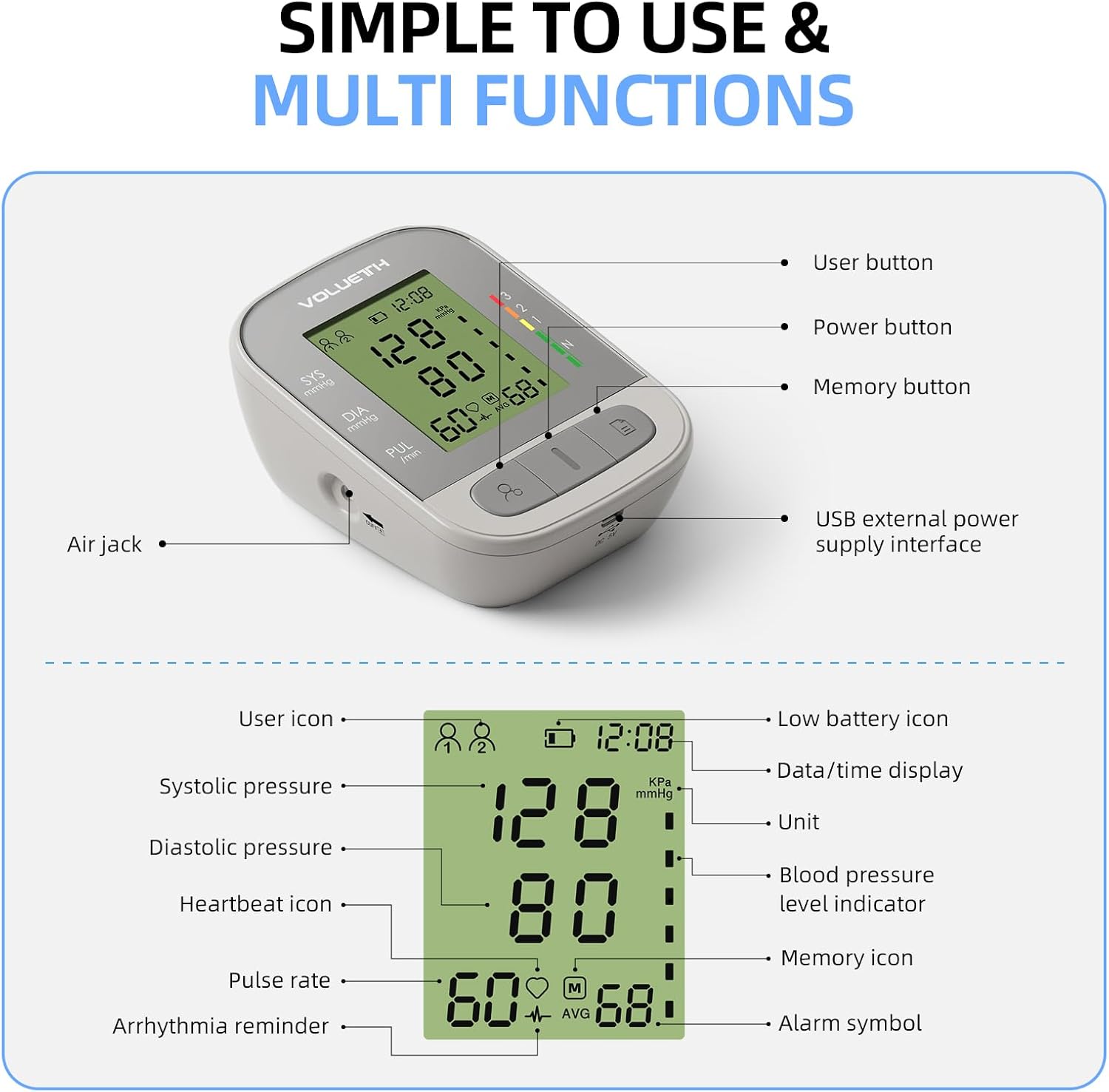 VOLUETH Upper Arm Blood Pressure Monitor for Kids and Adults with LCD Display

