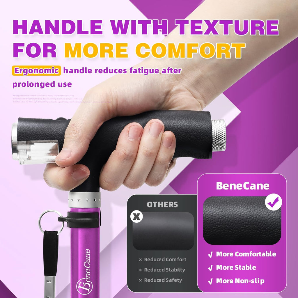 BeneCane Folding Walking Cane, Quad Base with Two LED Lights, Adjustable Stick

