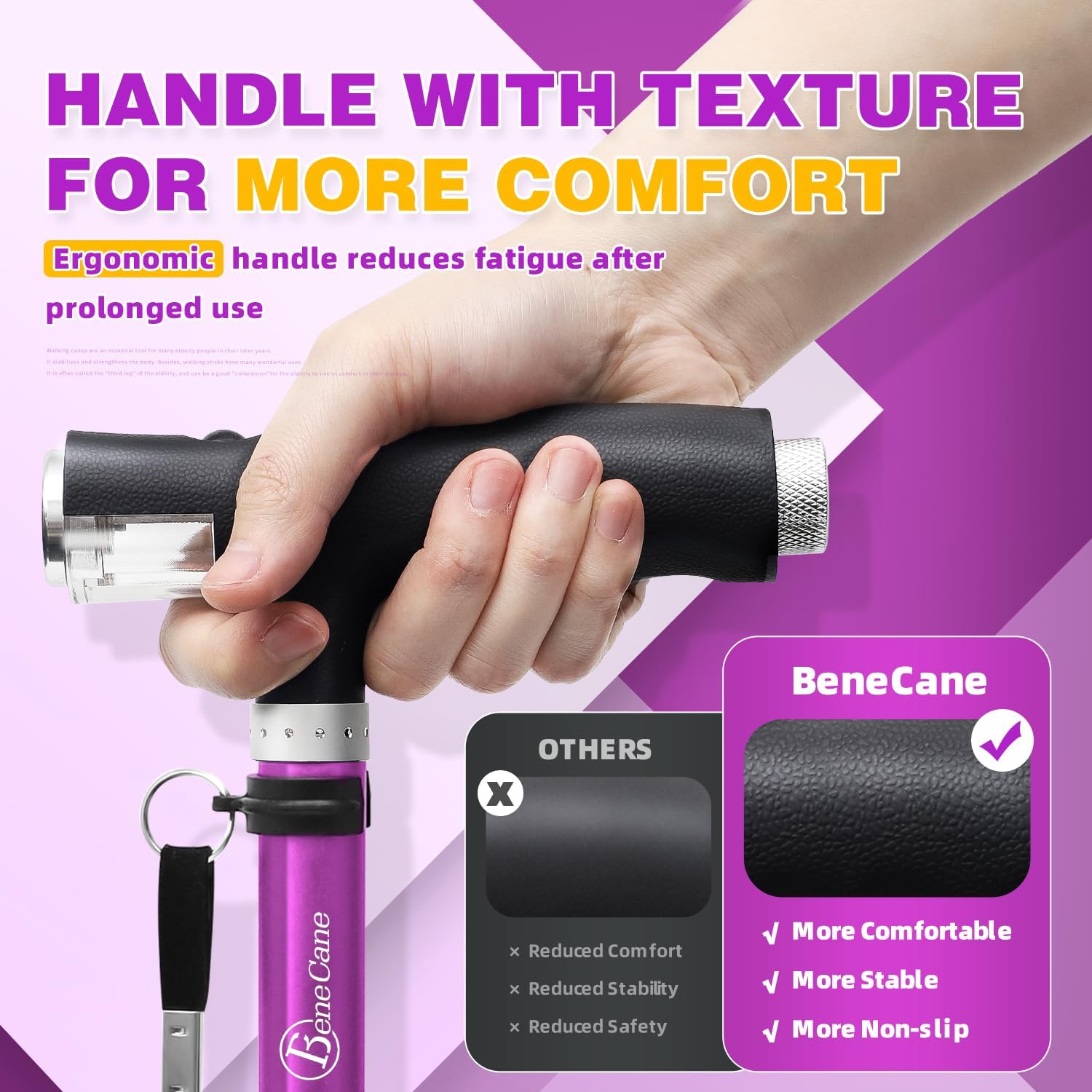BeneCane Folding Walking Cane, Quad Base with Two LED Lights, Adjustable Stick


