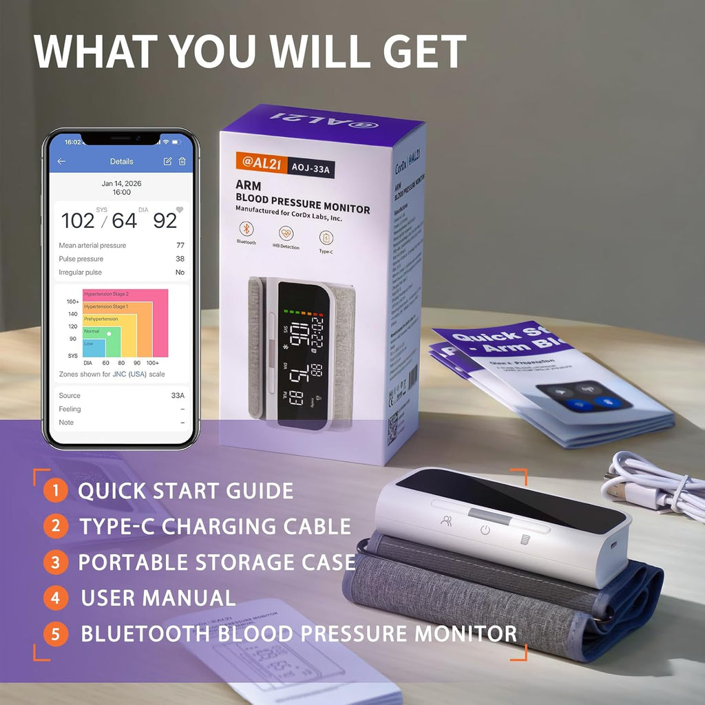 AL21 Upper Arm Bluetooth Blood Pressure Monitor, Rechargeable Digital Smart BP Machine

